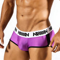Metro malewear active boxer purple satin briefs with white waistband black miiow branding and black leg trim