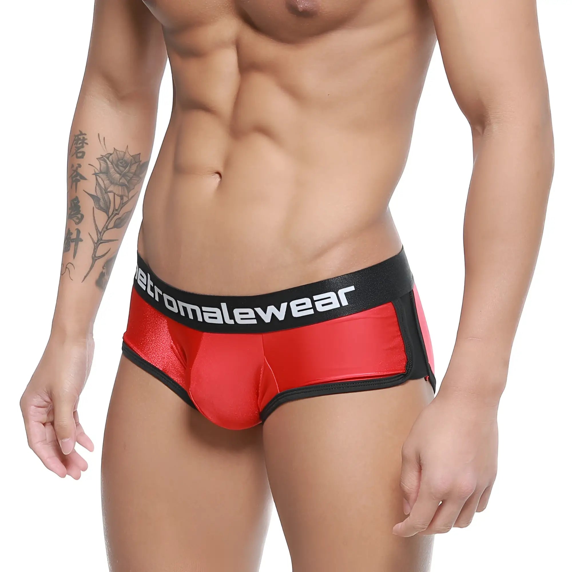 Red and black men’s active boxer briefs with shiny fabric and etromalewear white waistband logo metroMalewear active boxer 3327-12