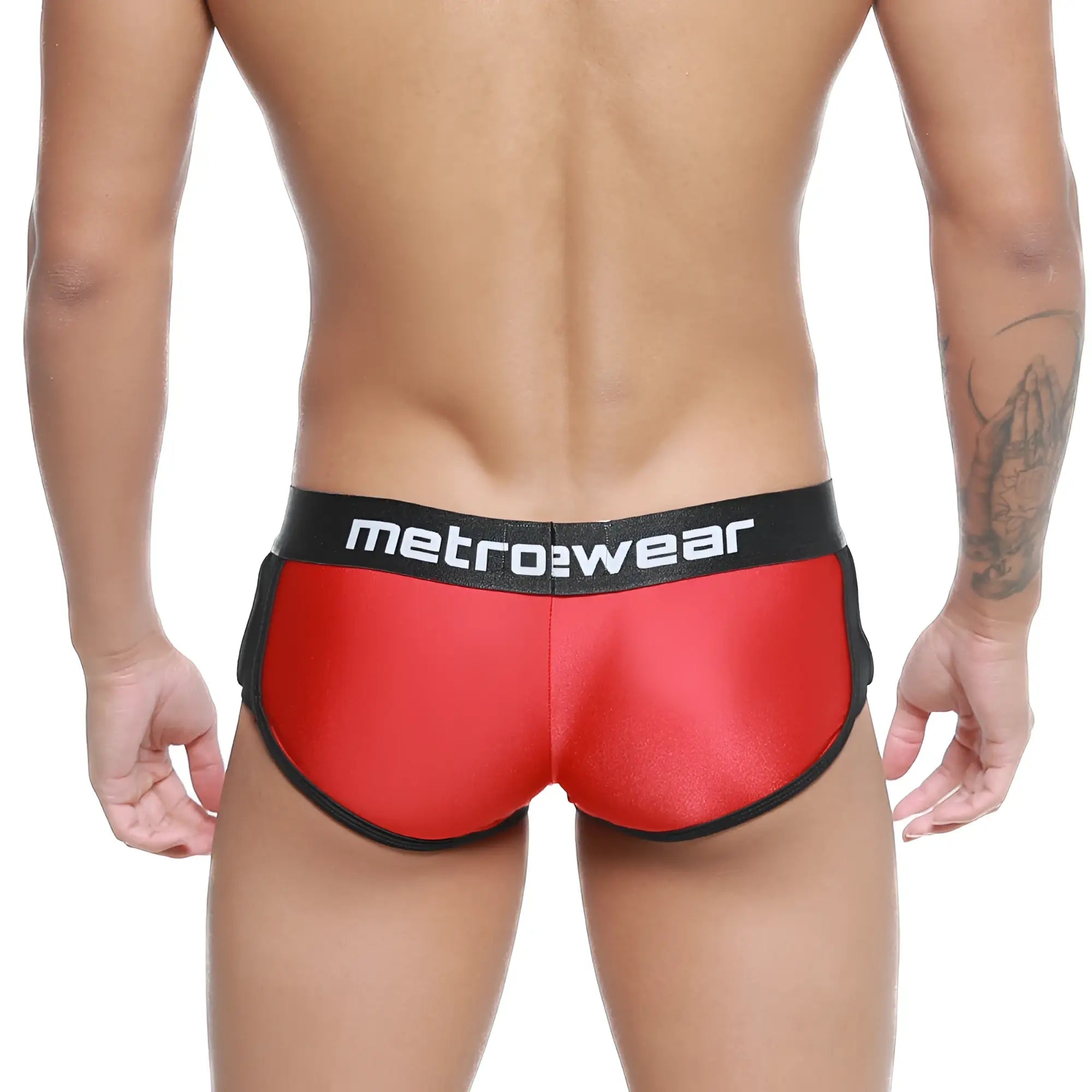 MetroMalewear active boxer red metallic briefs with black trim and metrowear waistband for comfortable wear