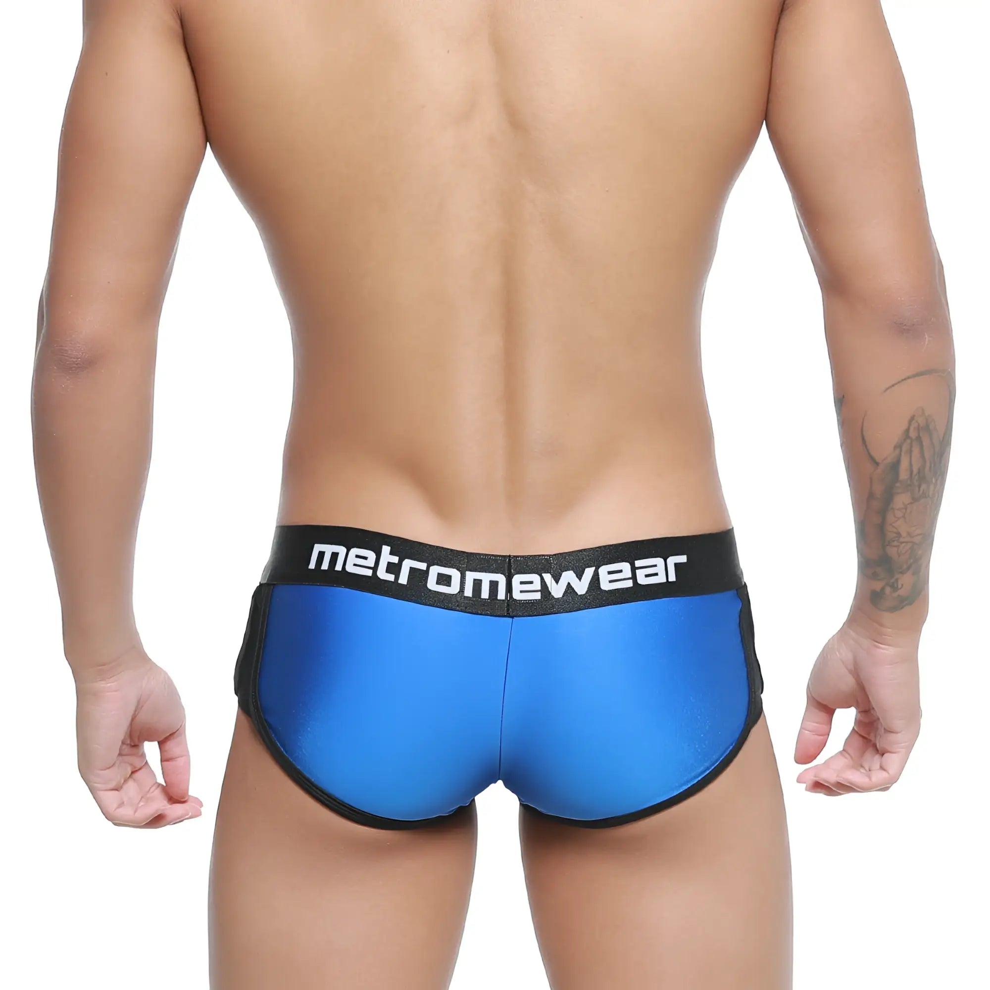 Blue metallic metroMaleWear active boxer briefs with black trim and logo waistband for comfortable daily wear