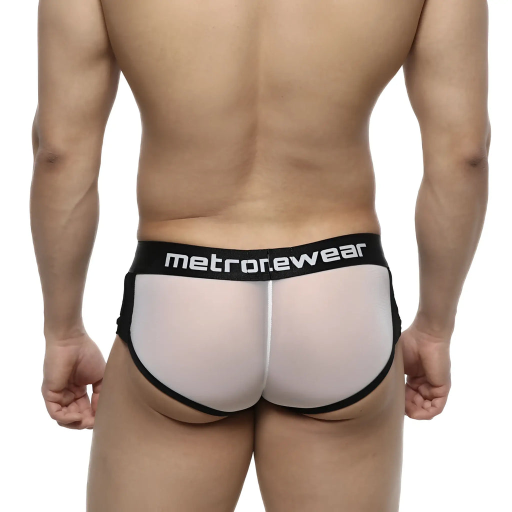 Black and white mesh briefs with metrorewear branded waistband from MetroMaleWear active boxer white mesh 3327-71