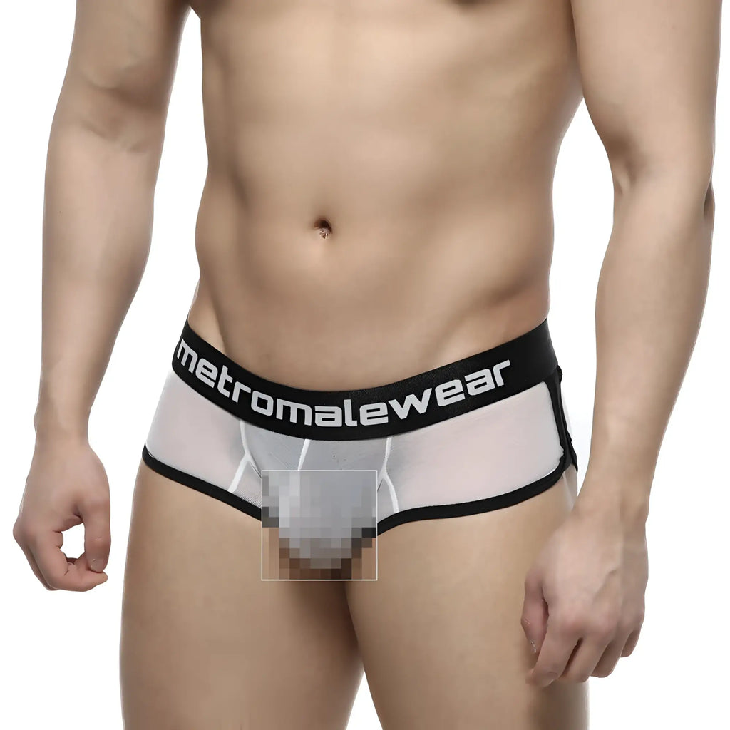 Black and transparent mesh briefs with metromalewear branded waistband from metro male wear active boxer white mesh 3327-71