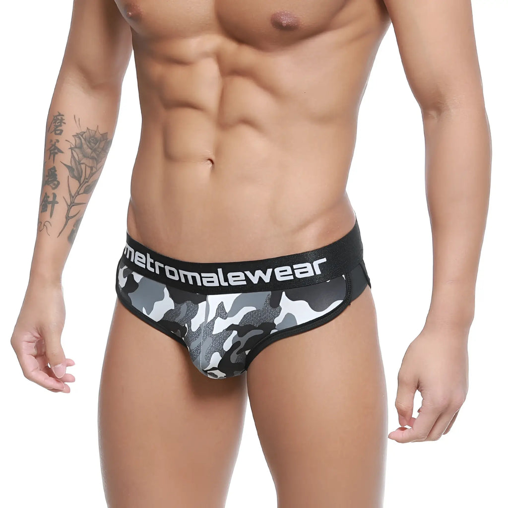 Black and gray camouflage men’s briefs with black elastic waistband branded metromalewear active brief camo 3303-60