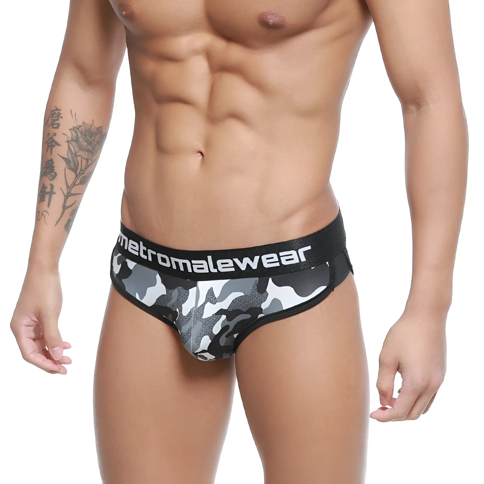 Black and gray camouflage men’s briefs with black elastic waistband branded metromalewear active brief camo 3303-60