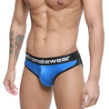 Blue metallic briefs with black waistband featuring etromalewear logo from metromalewear active brief royal 3303-18