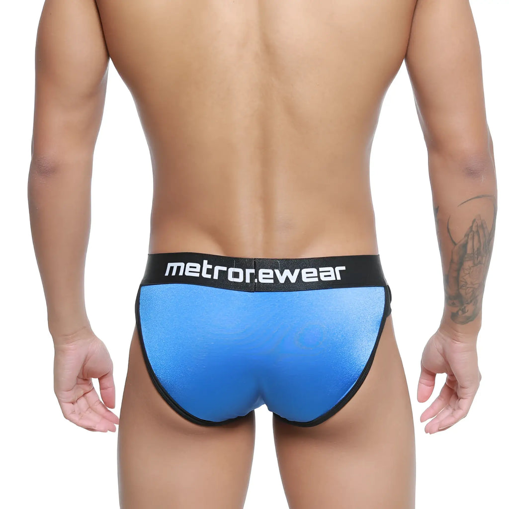 MetroMaleWear active brief royal 3303-18 in blue metallic fabric with black waistband featuring metrowear logo