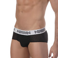 MetroMaleWear active mesh hip brief black with white elastic waistband and gray repeating logo text