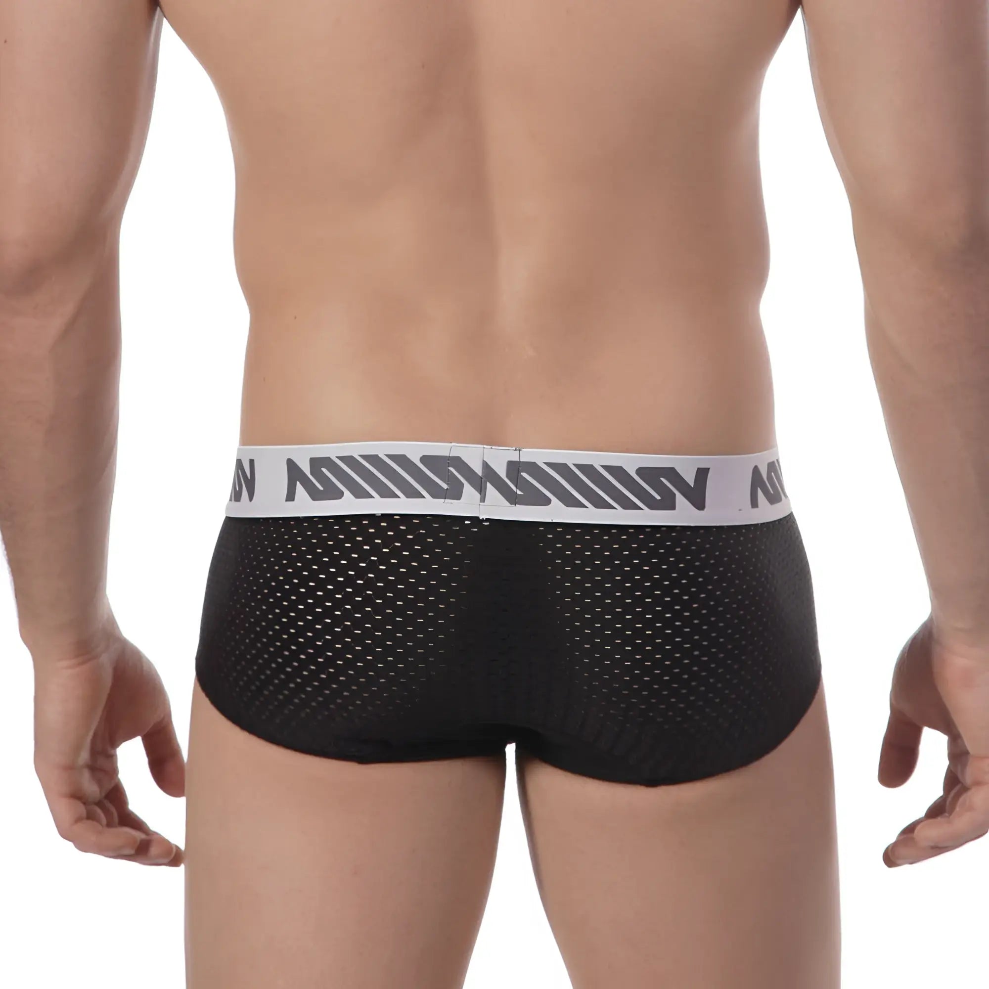 MetroMaleWear active mesh hip brief black with white elastic waistband and gray lettering for breathable comfort