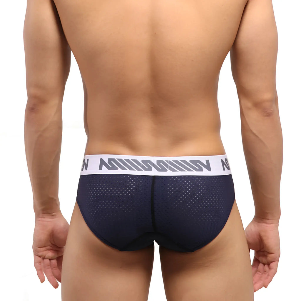 Navy blue metro malewear active mesh hip briefs with white waistband and gray n branding in front view