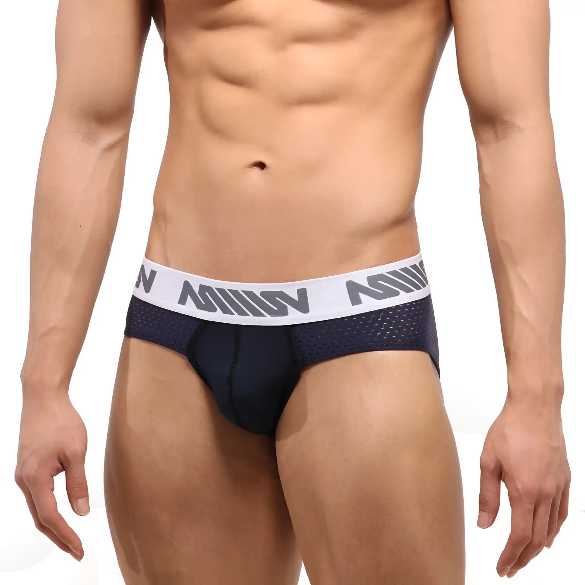 Navy blue mesh briefs with white elastic waistband and gray miiow branding metroMalewear active mesh hip brief