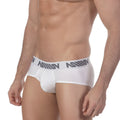White mesh briefs with a gray branded waistband from metromalewear active mesh hip brief collection model 5006-00