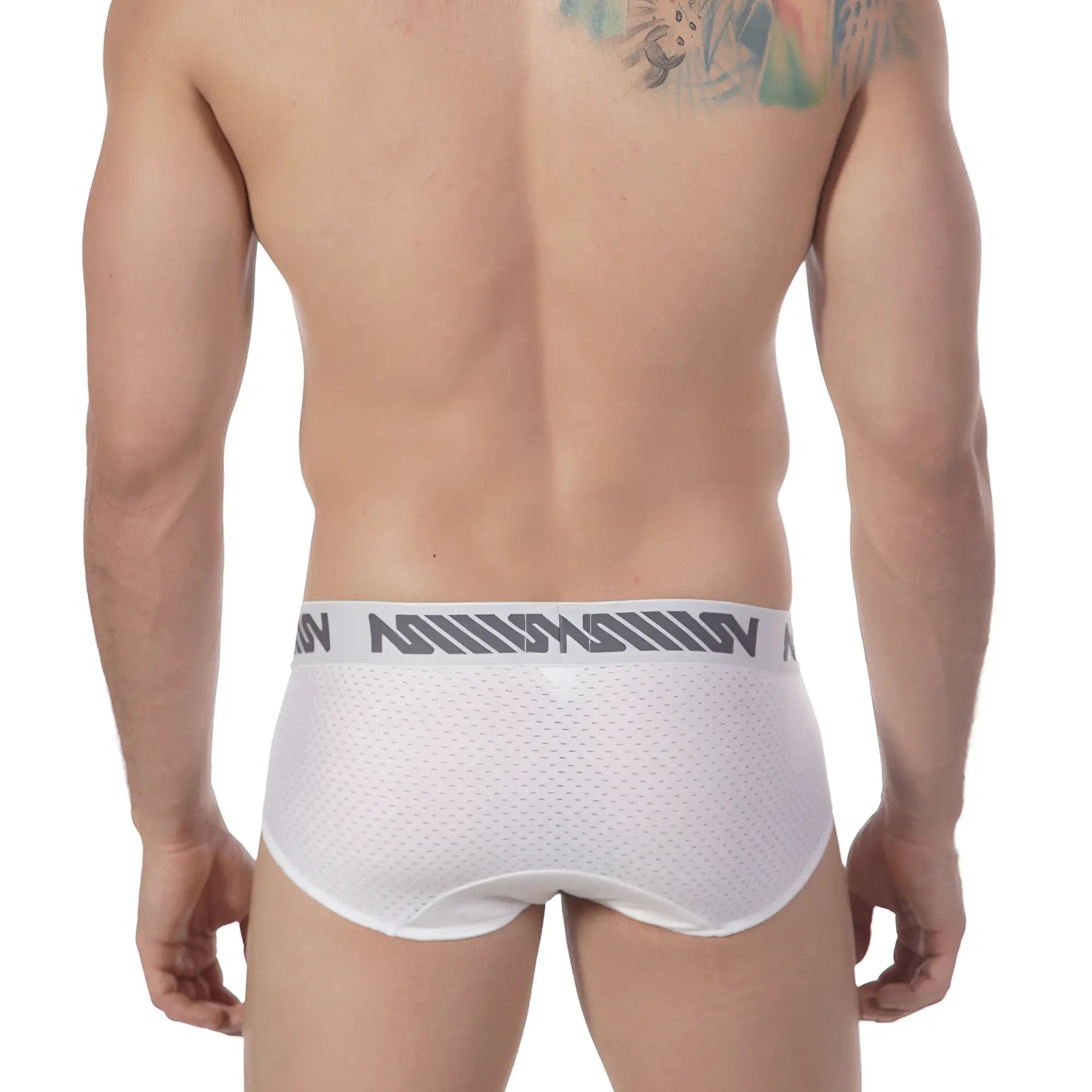 White mesh briefs with gray logo waistband by metromalewear active mesh hip brief 5006-00