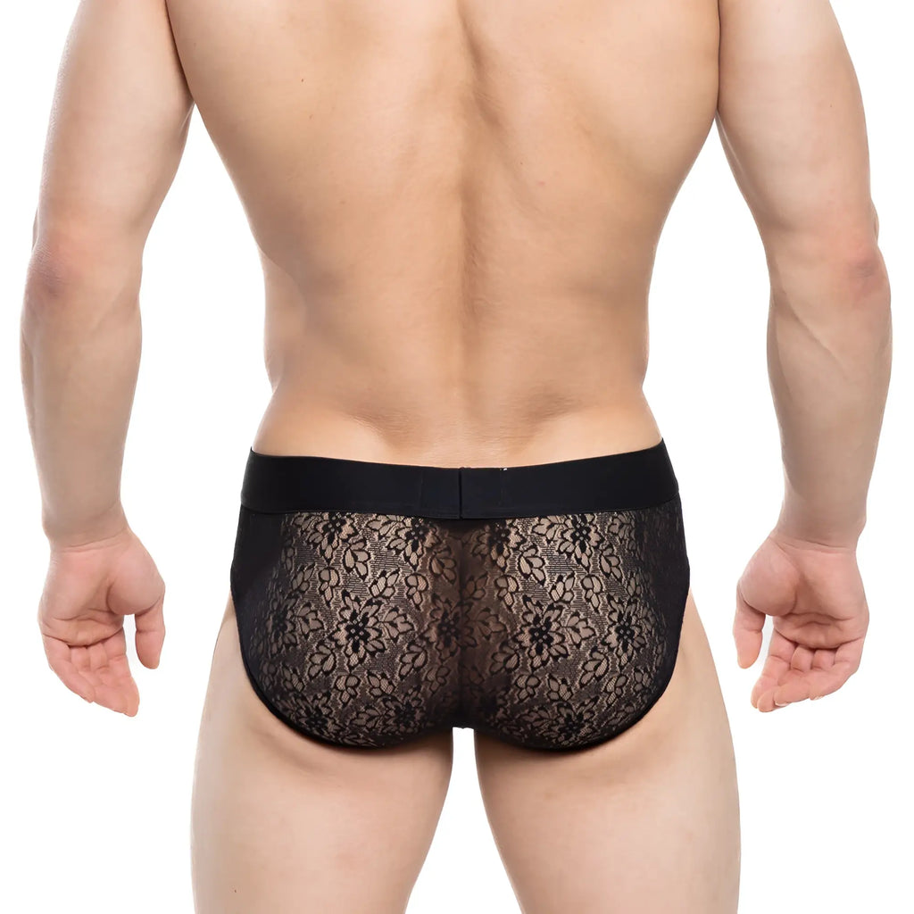MetroMaleWear Agnes brief black 5003-34 black lace briefs with floral pattern and solid black elastic waistband