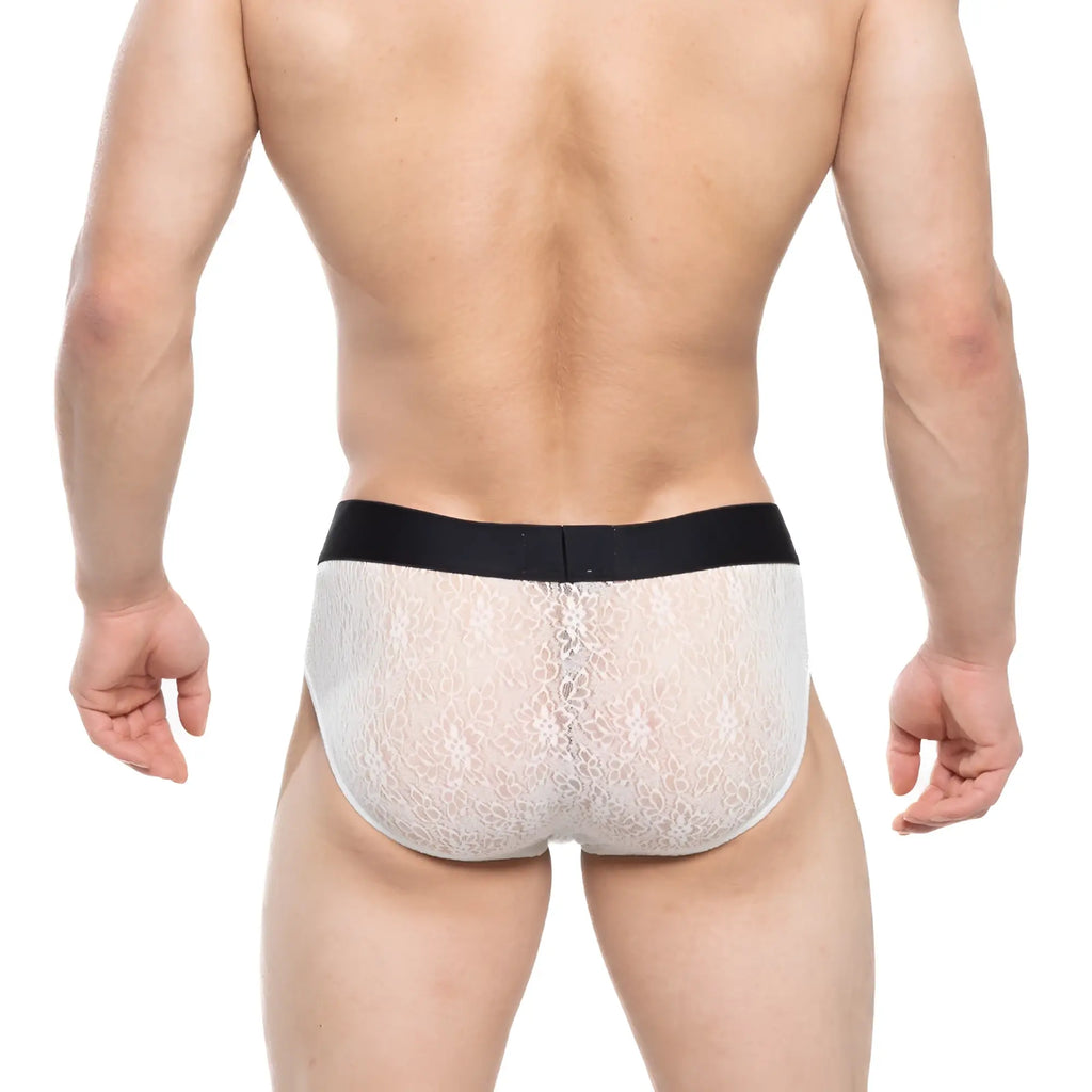 White lace briefs with a black elastic waistband from metromalewear agnes brief ivory 5003-32 collection