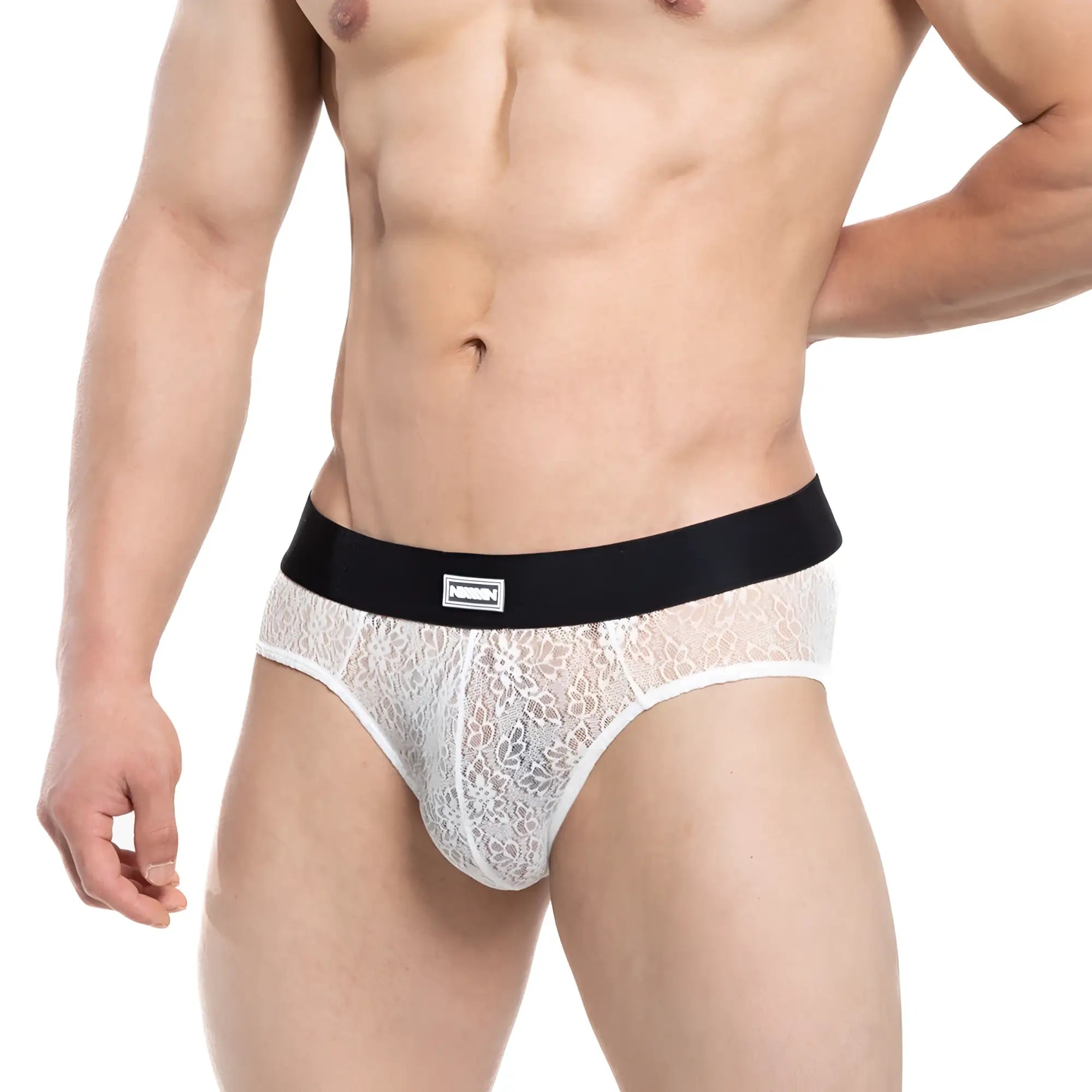 MetroMalewear Agnes brief ivory lace men’s underwear with black elastic london brand waistband