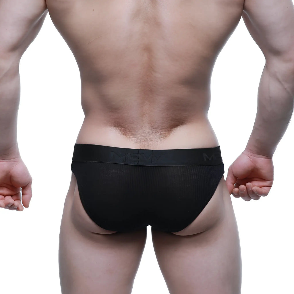 Black mesh briefs with solid waistband and m logo by metromalewear air brief model 3803-20