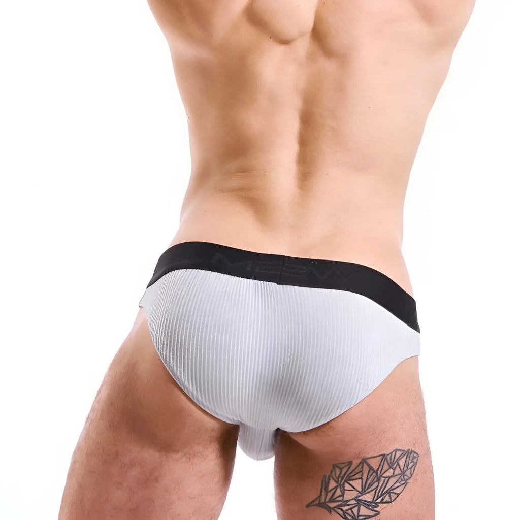 White ribbed briefs with black elastic waistband featuring meen brand name metrohalewear air brief gray 3803-10