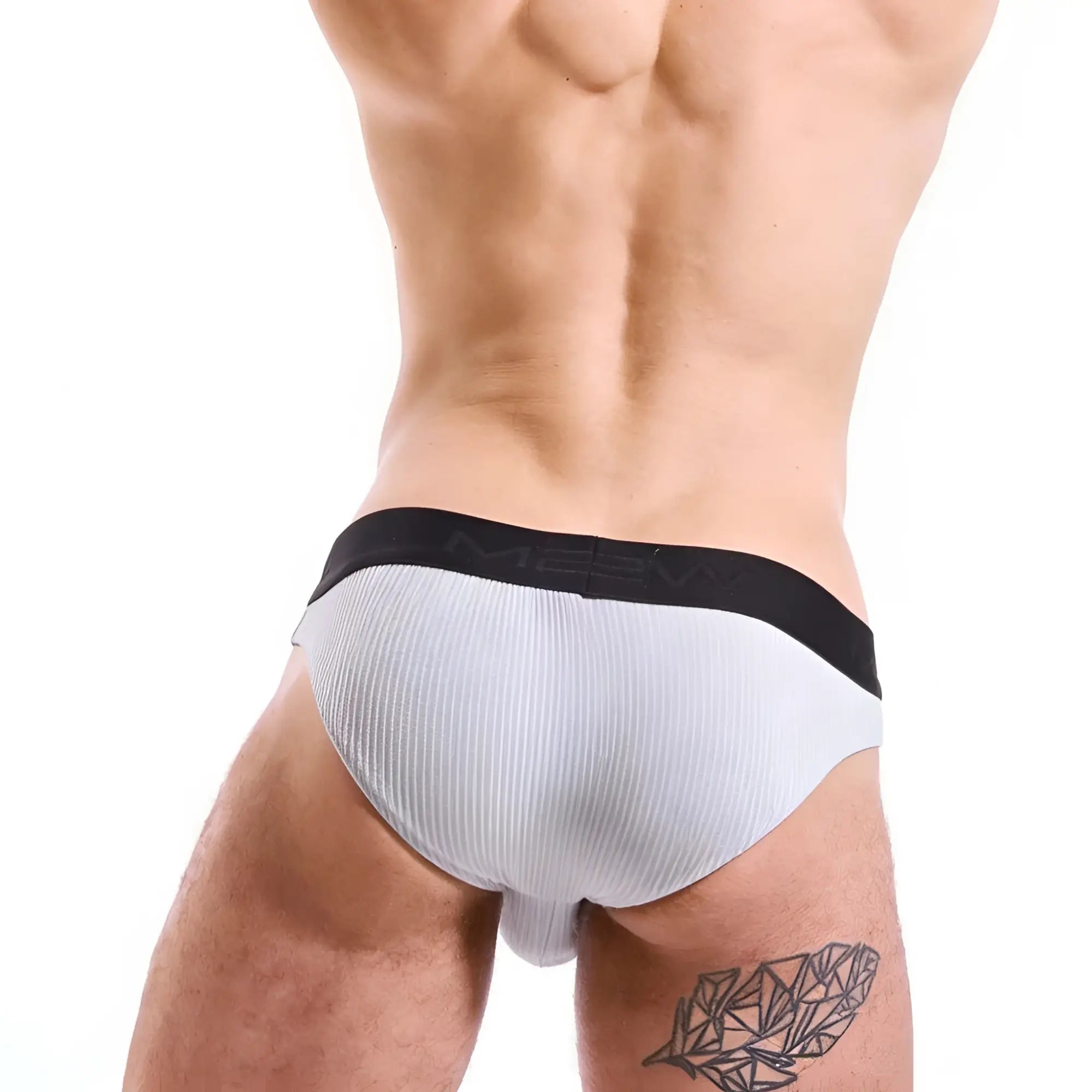 White ribbed briefs with black elastic waistband featuring meen brand name metrohalewear air brief gray 3803-10