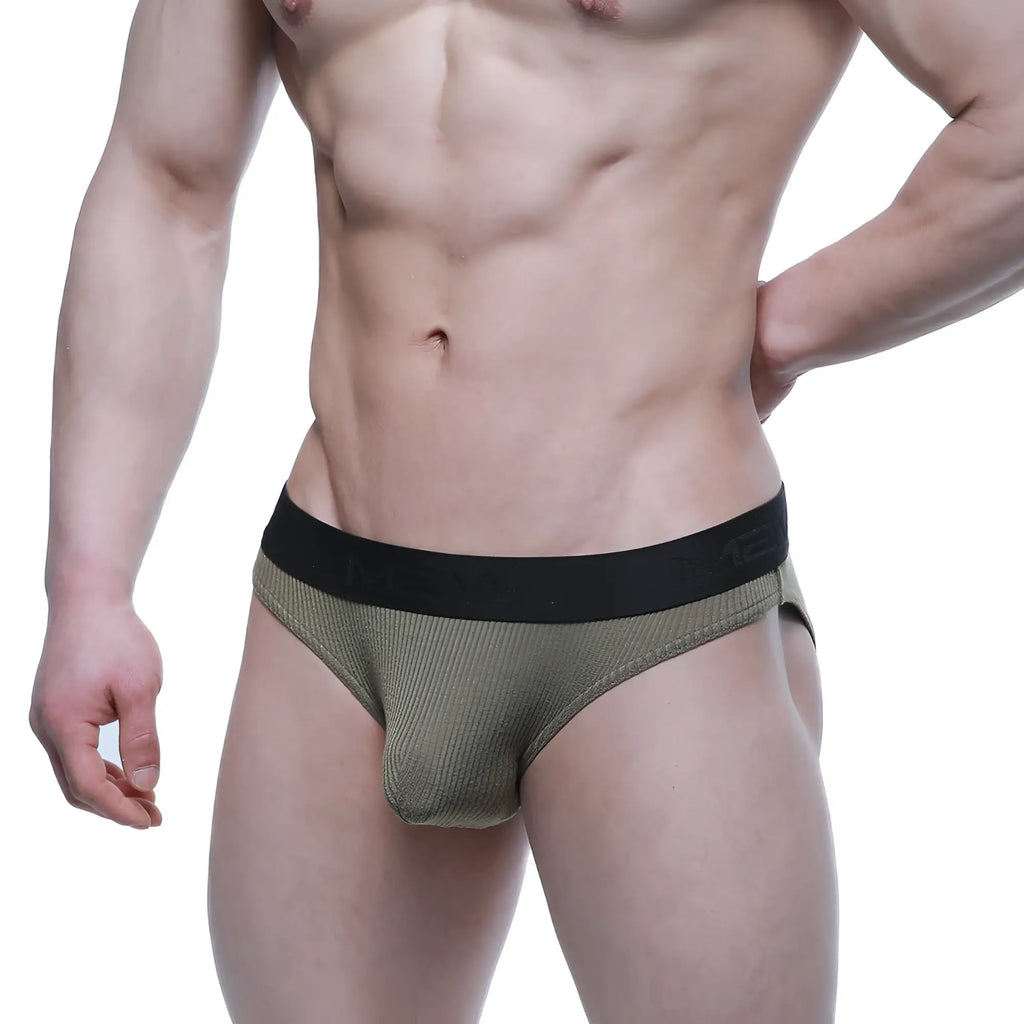 Olive green ribbed briefs with black elastic waistband metroMalewear air brief khaki 3803-26 front view