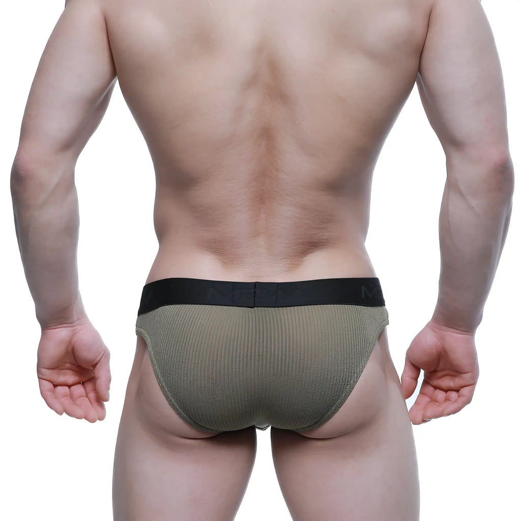 Olive green ribbed men’s briefs with black elastic waistband metro male wear air brief khaki 3803-26 front view