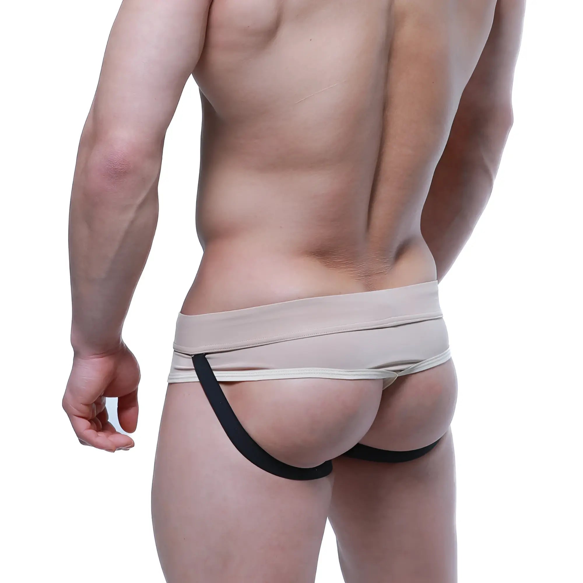 Beige and black athletic briefs with sleek form fitting design from metromalewear ajax jock thong nude 2711-04