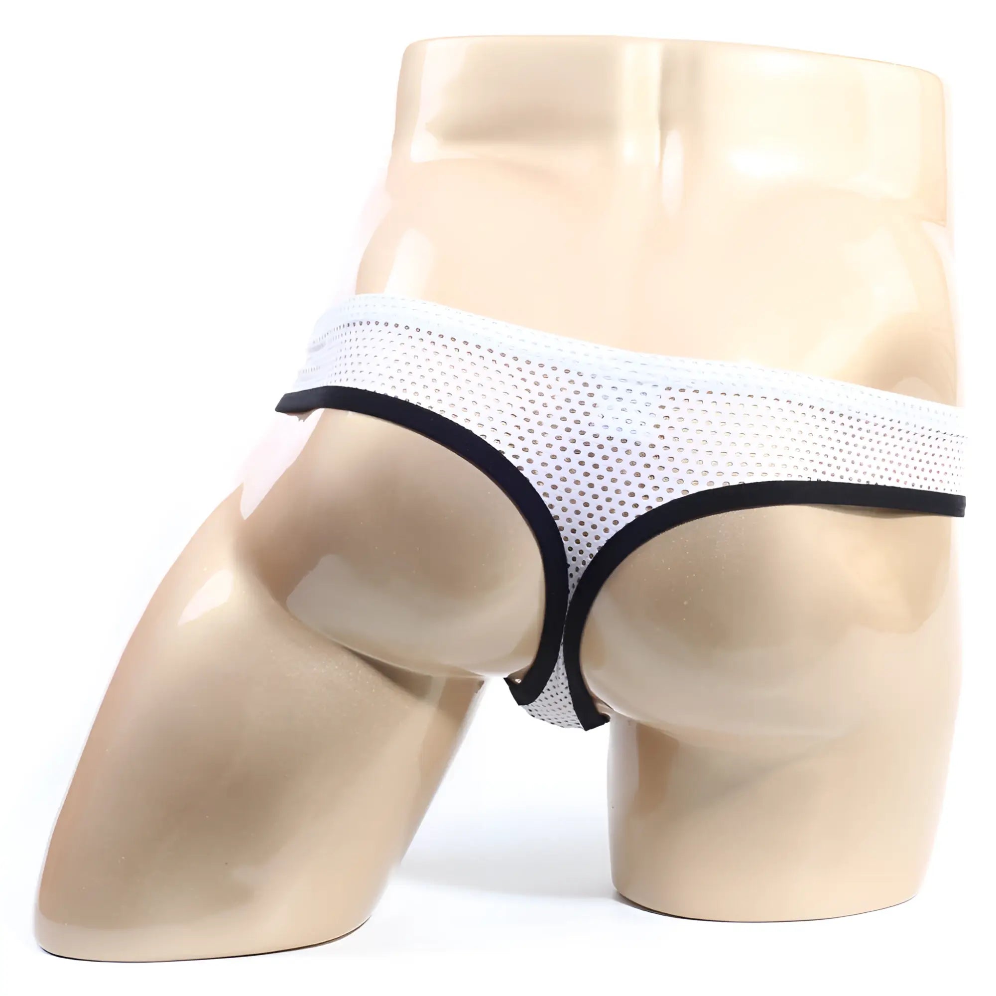 White mesh briefs with black trim from MetroMaleWear Alcala thong black 7102-20 shown from the front side