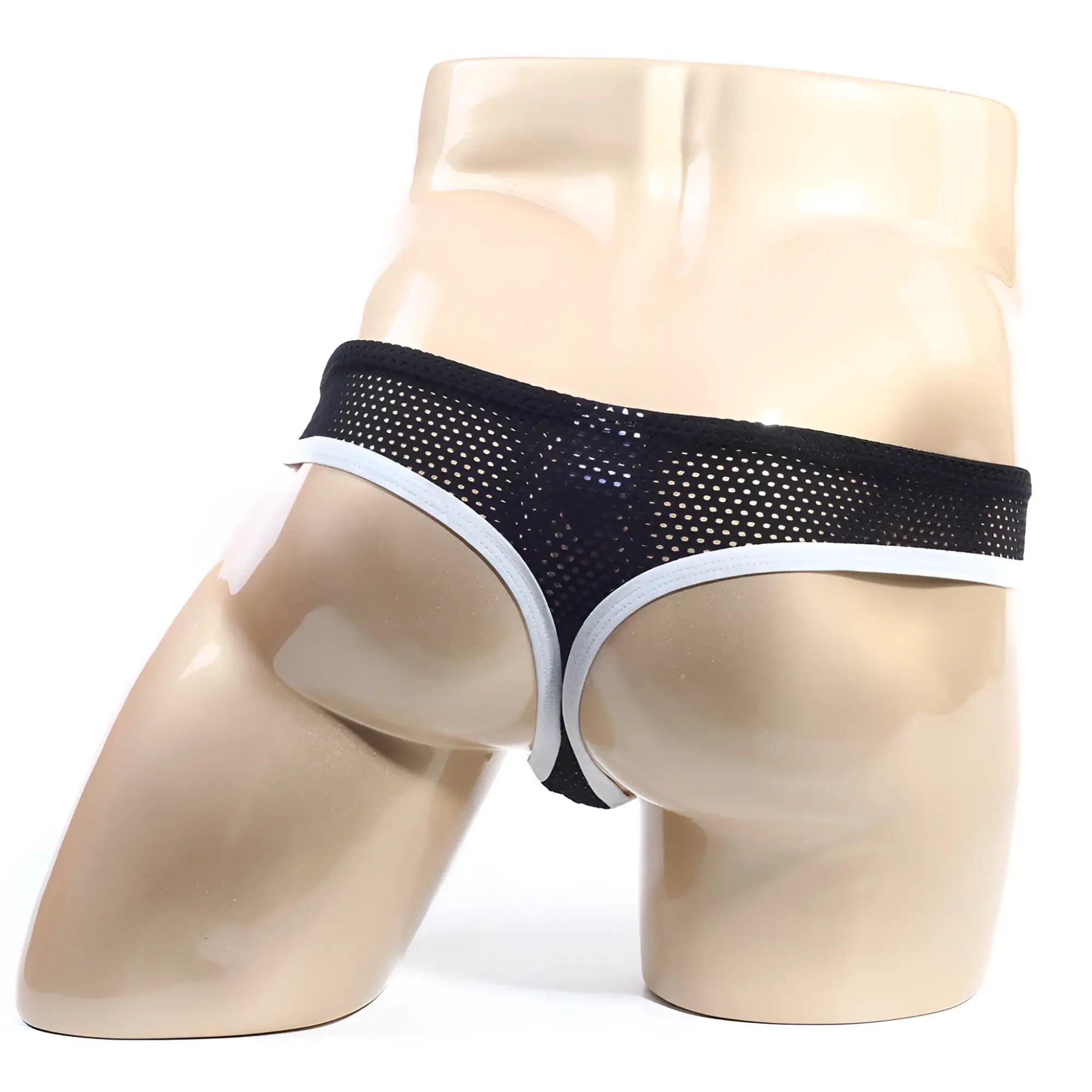 Black mesh briefs with white trim from metromalewear alcala thong 7102-00 showing front view