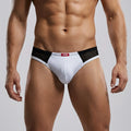 White and black mesh trimmed men’s briefs with red MetroMaleWear brand tag Alcala Thong 7102-00 front view