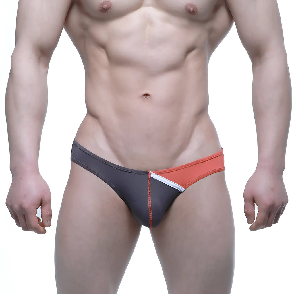 Gray and orange athletic briefs with white stripe accent from MetroMaleWear Alegria thong charcoal 1322-51