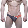 Gray and orange athletic briefs with white stripe accent from MetroMaleWear Alegria thong charcoal 1322-51