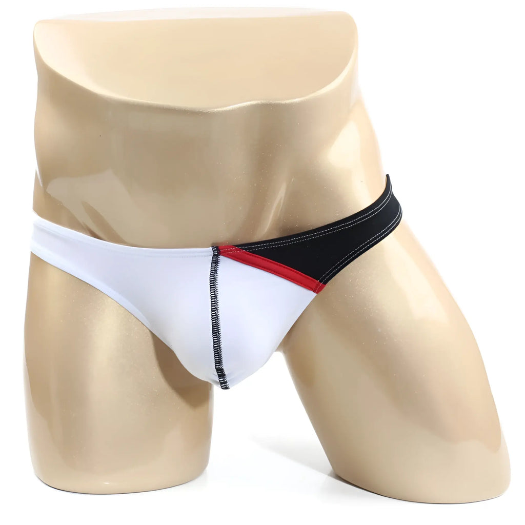 MetroMaleWear Alegria thong white black athletic briefs with red accent stripe and side zipper detail visible front side