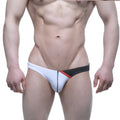 White and black MetroMaleWear Alegria thong with red accent stitching athletic briefs designed for comfort and support