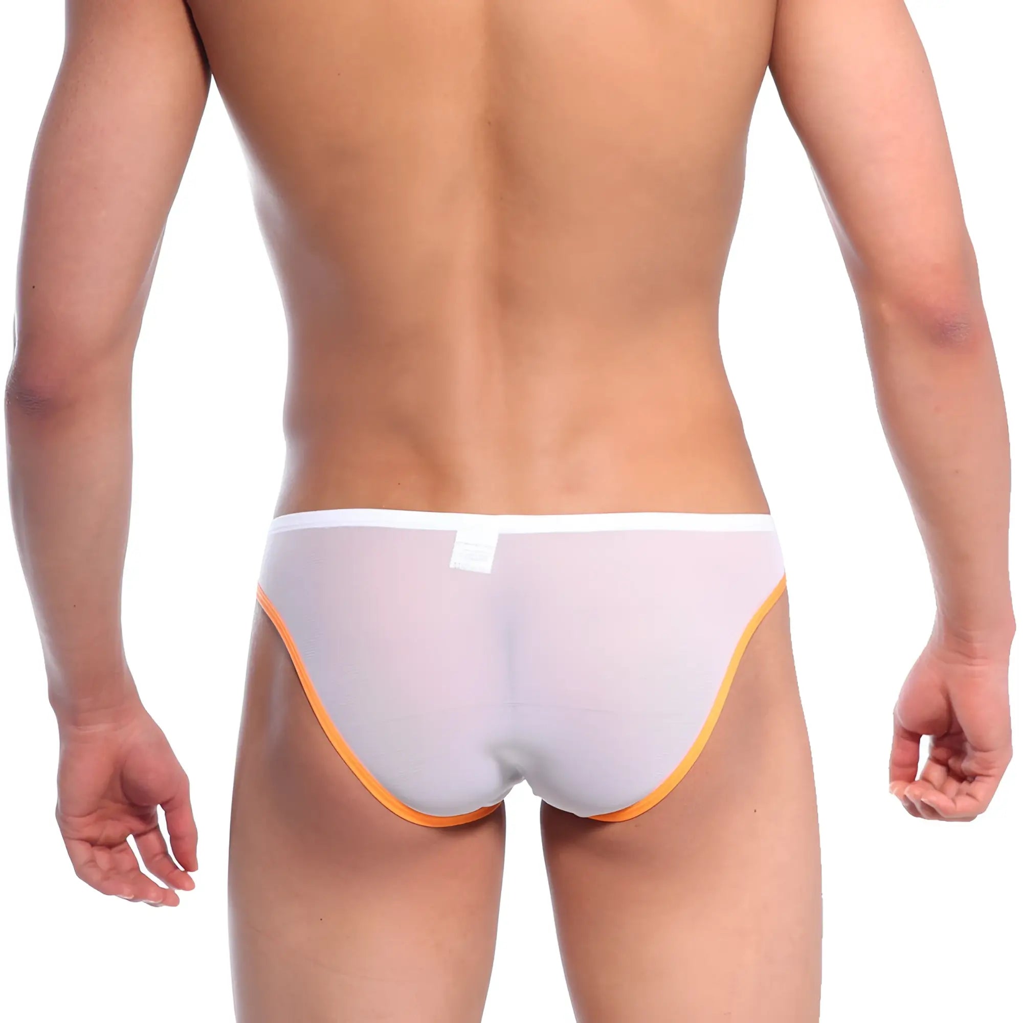 MetroMalewear Alexa bikini briefs in white mesh with vibrant orange trim for comfortable everyday wear