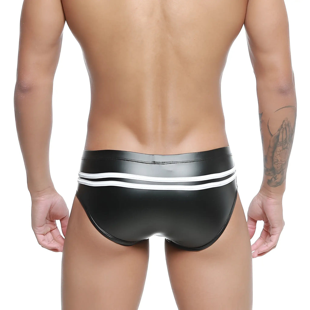 Black shiny faux leather swim trunks with two white horizontal stripes on the waistband metroMaleWear Alexander competition suit 4966-30
