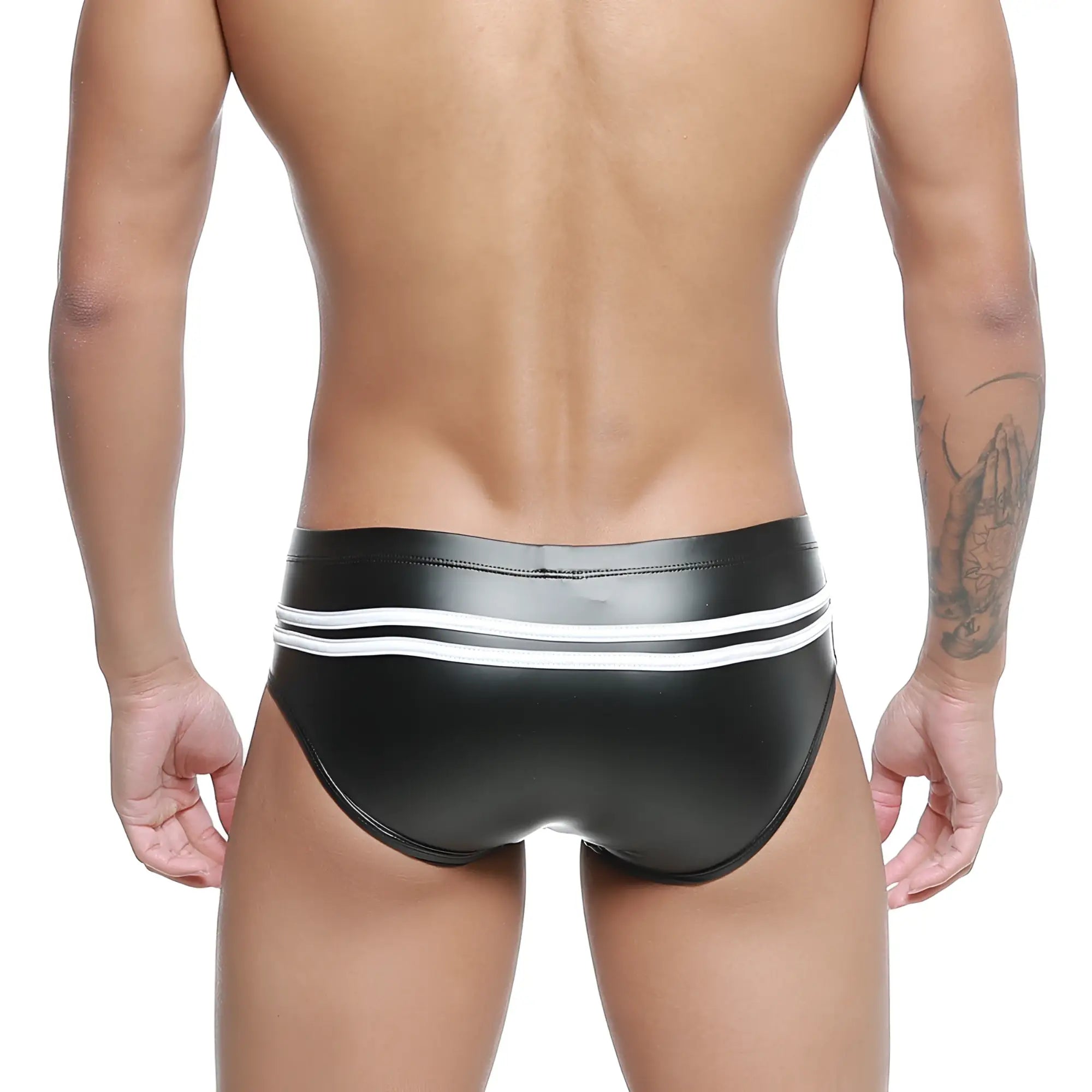 Black shiny faux leather swim trunks with two white horizontal stripes on the waistband metroMaleWear Alexander competition suit 4966-30