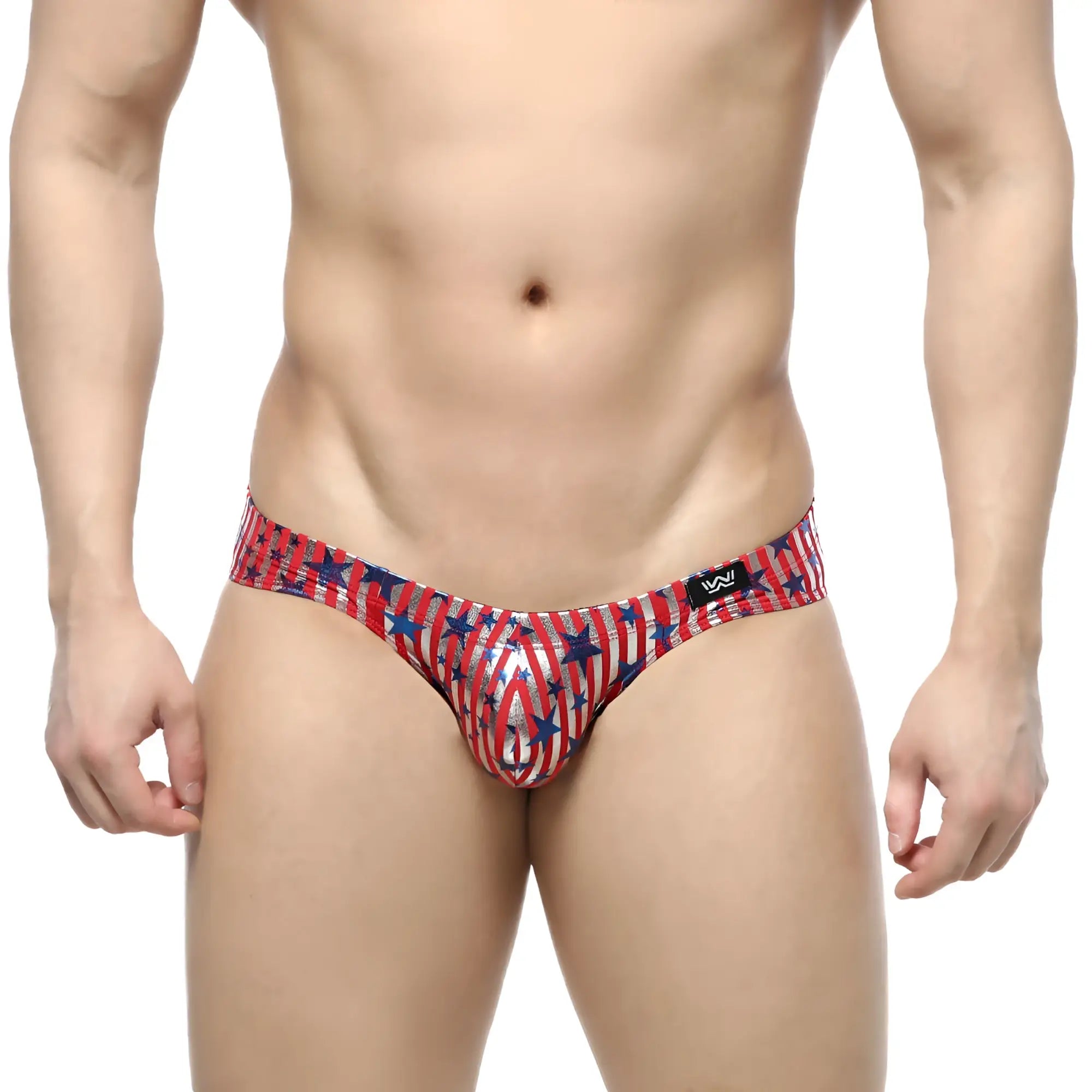 Metro malewear allstar bikini red 5103-54 men’s briefs with red white and blue star striped pattern and metallic finish