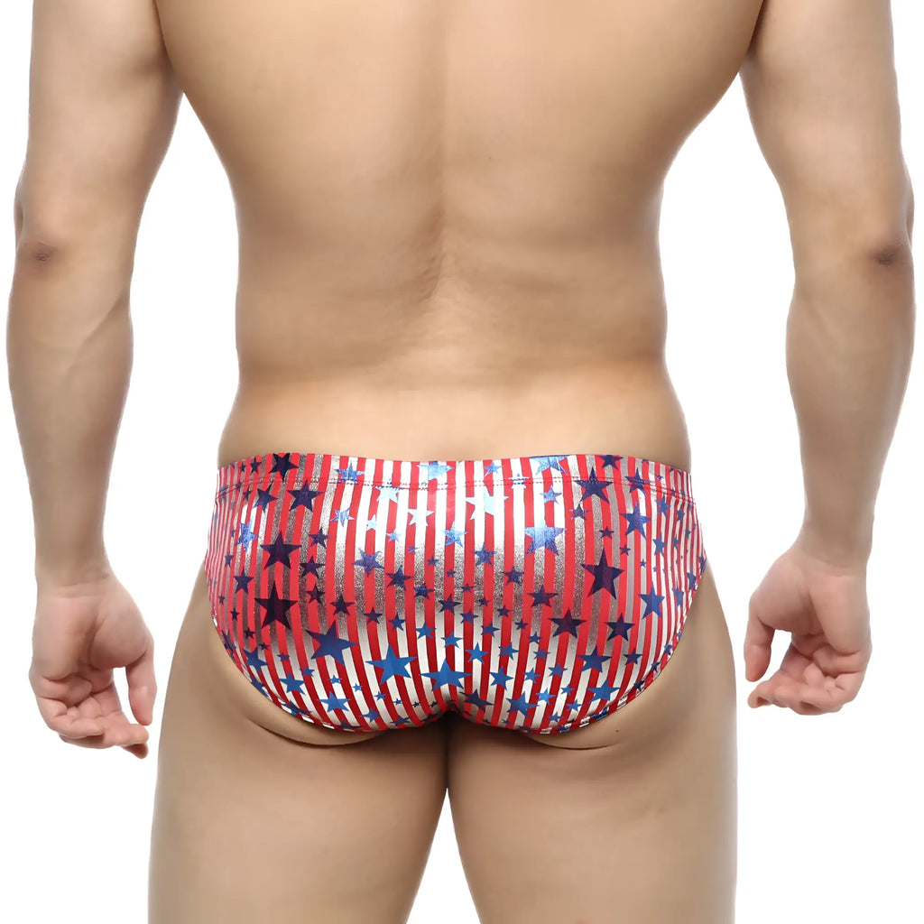 MetroMaleWear allstar bikini red 5103-54 red white and blue striped swim trunks with star pattern for swimming beachwear