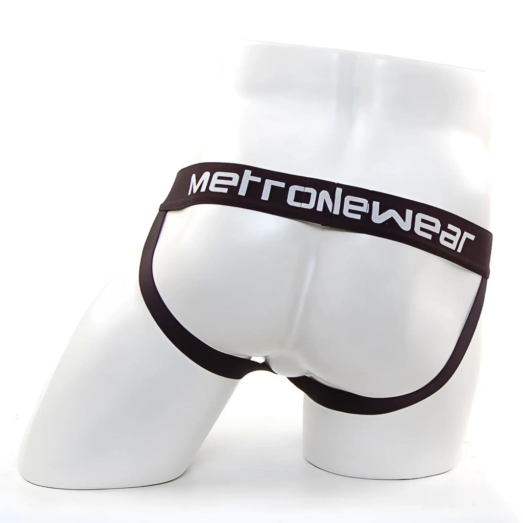 Black metronewear brand briefs with sleek form-fitting design and white lettering on waistband in product metro malewear alma jock strap royal blue 1101-18