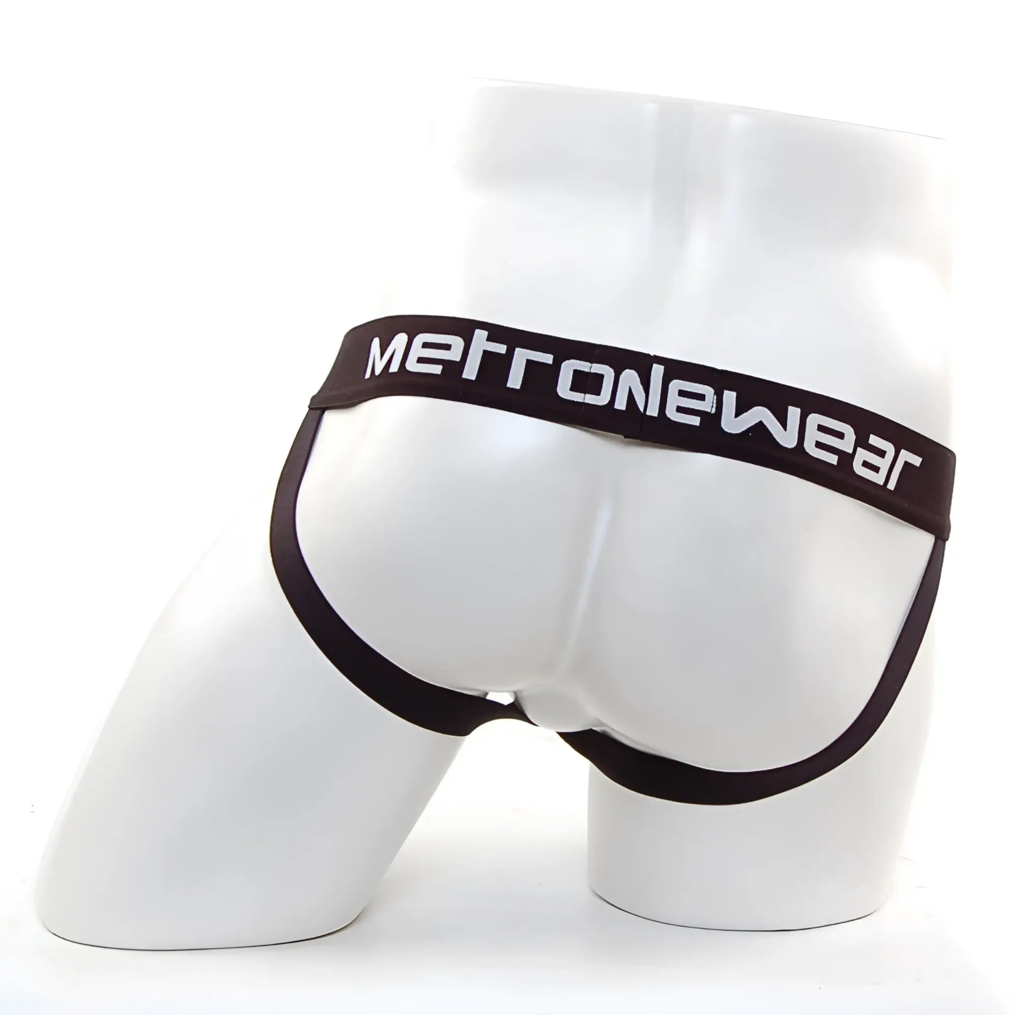 Black metronewear brand briefs with sleek form-fitting design and white lettering on waistband in product metro malewear alma jock strap royal blue 1101-18