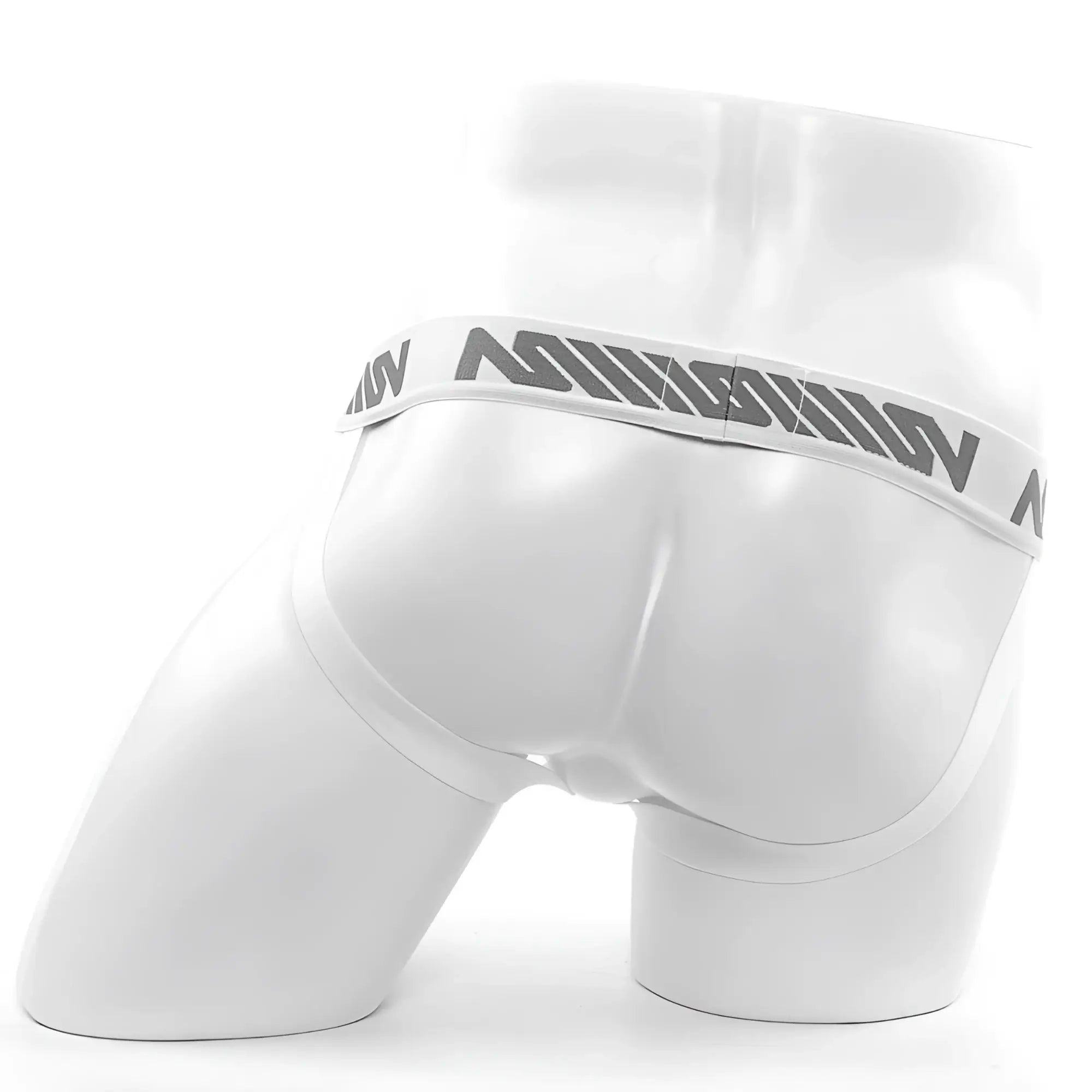 White men’s briefs with gray ninjam logo band from metromalewear alma jock strap white 1101-00