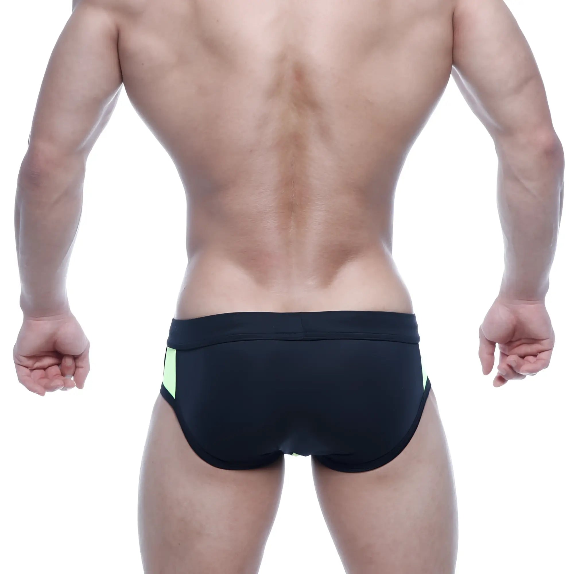 MetroMaleWear Alonzo swim brief green black swim trunks with neon green side panels for men beachwear