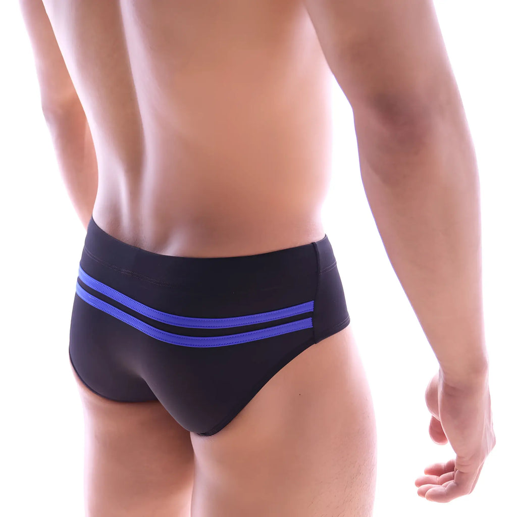MetroMaleWear Alora swim brief black with two bold blue stripes across the waistband for stylish beachwear