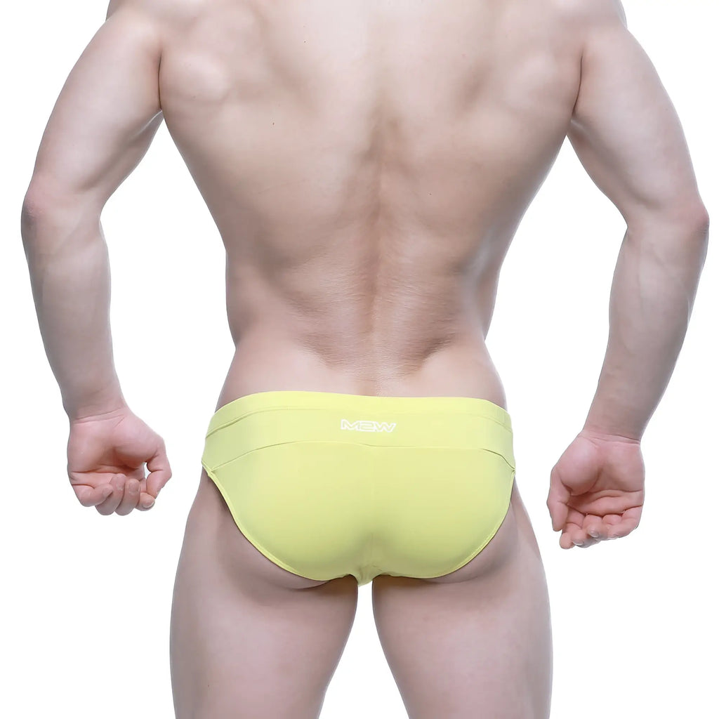 Bright yellow metro male wear aluche bikini briefs with subtle white logo on waistband for comfortable daily wear