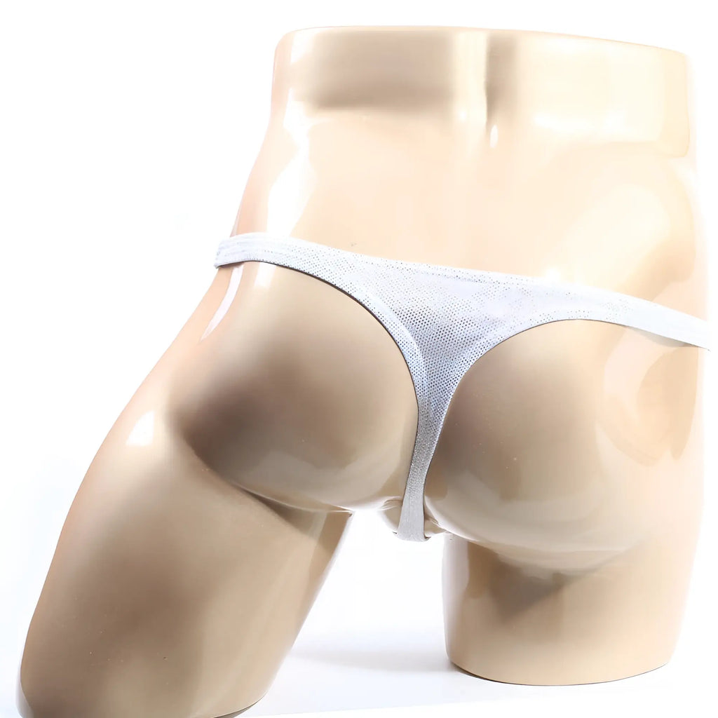 Light gray mesh thong with thin seamless design by metromalewear alucinacion model 2302-m89 shown from back side