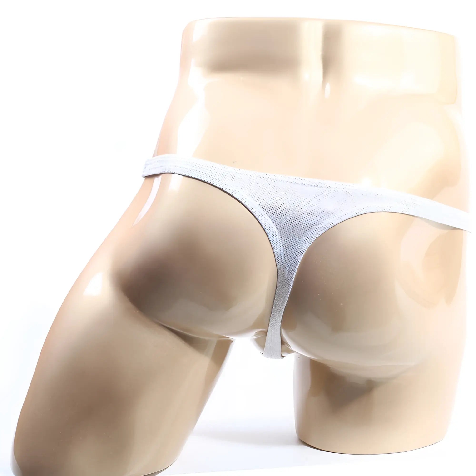 Light gray mesh thong with thin seamless design by metromalewear alucinacion model 2302-m89 shown from back side