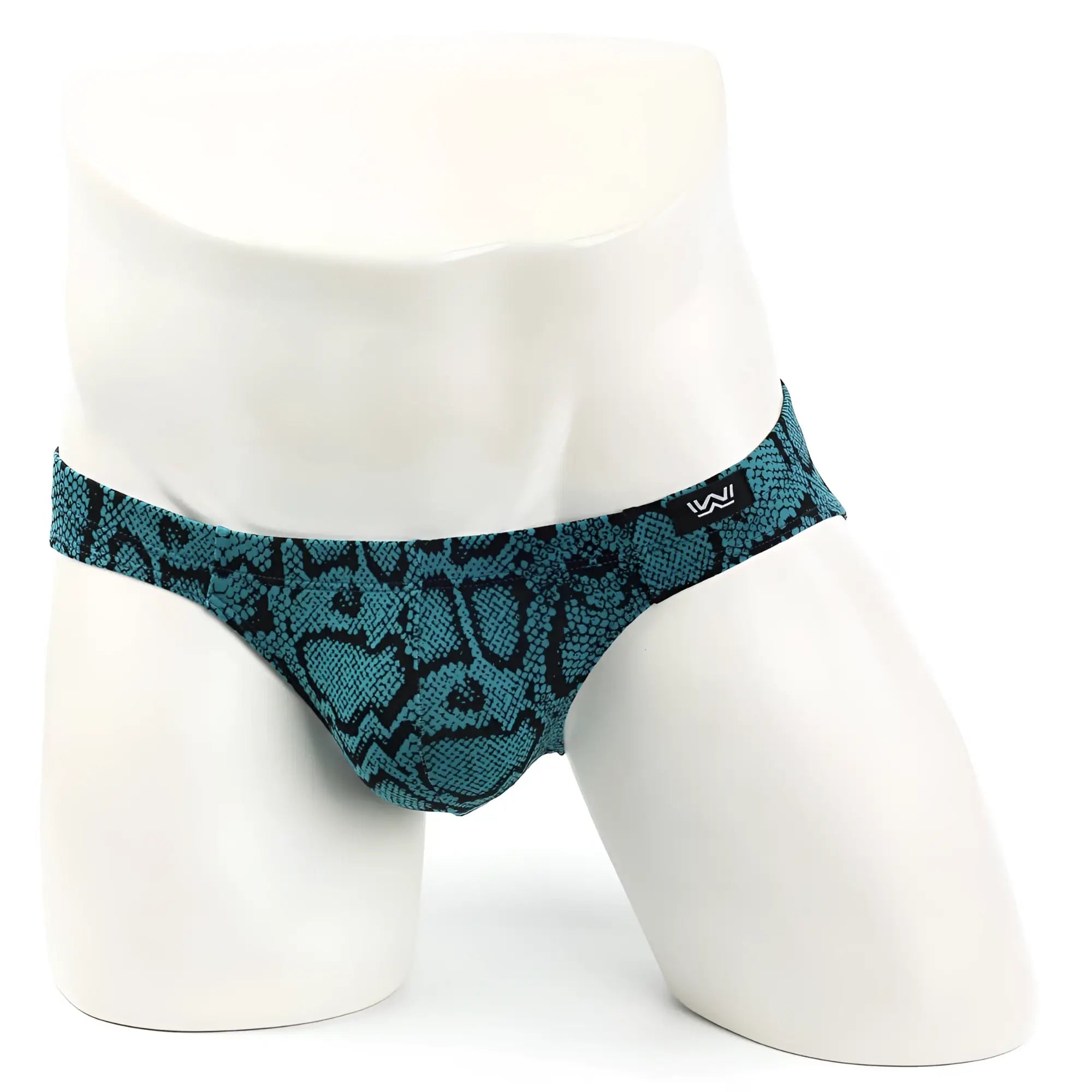 Teal and black snake-scale patterned men’s briefs by MetroMaleWear Amazonic Bikini 5103-96 displayed on mannequin