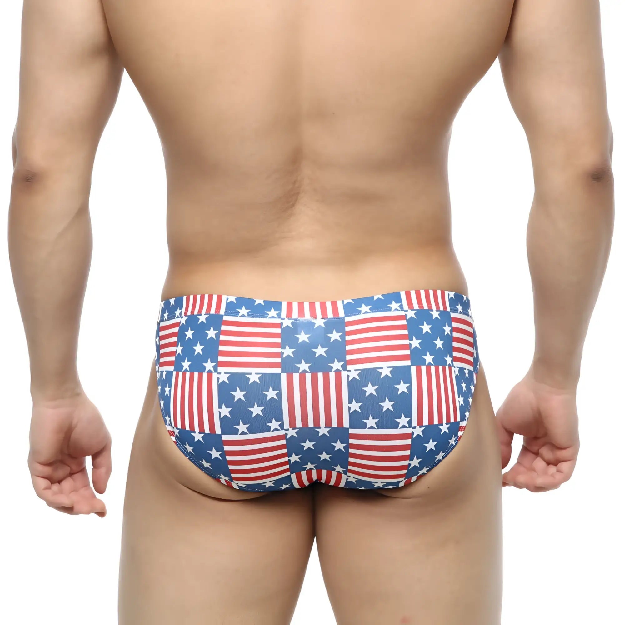 MetroMalewear america bikini 5103-97 swim trunks feature a red white and blue american flag patchwork design