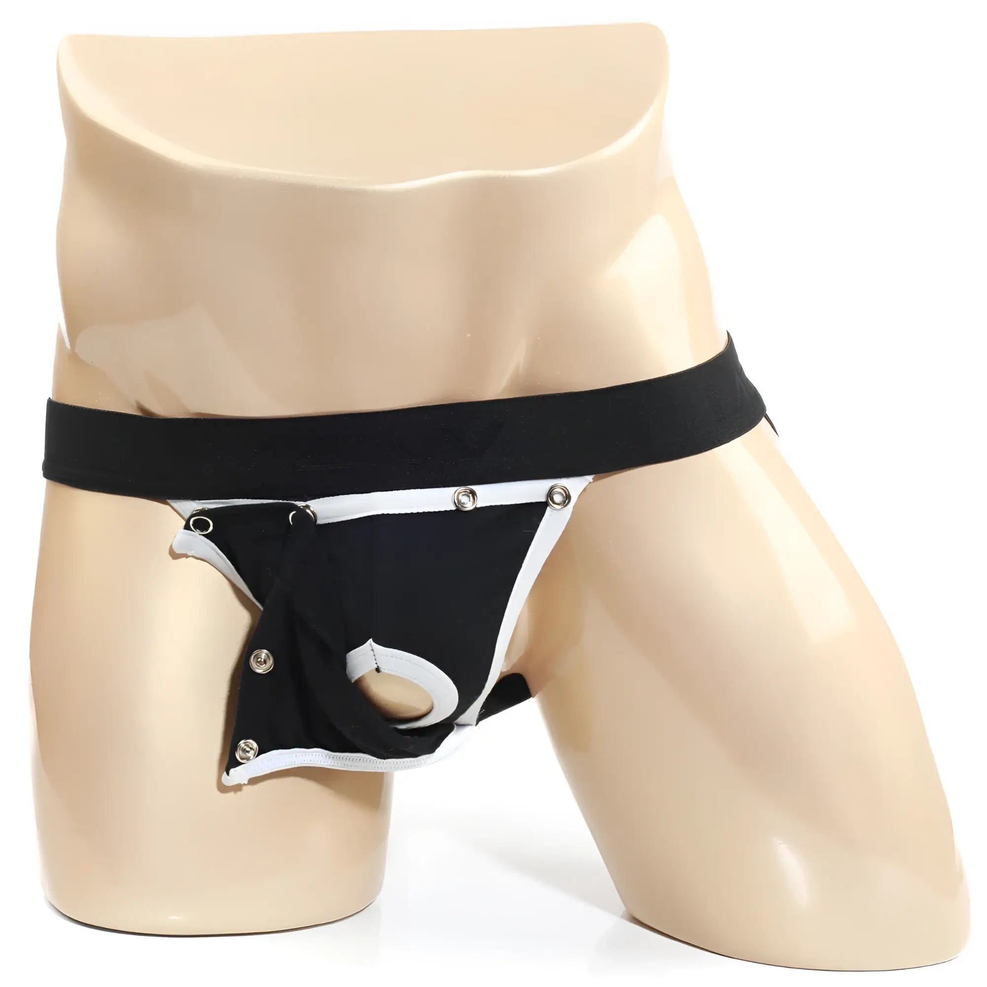 MetroMaleWear American jock strap black and white snap-front design with central cutout for athletic support