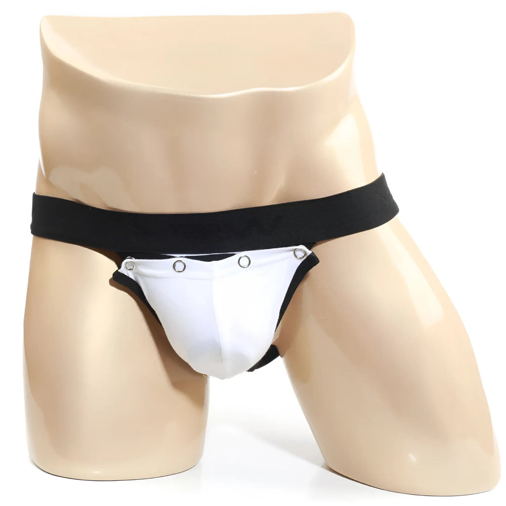 White and black athletic jock strap with wide elastic waistband and silver grommets by metromalewear