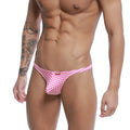 Men’s thong with pink and white gingham pattern and small red metro malewear brand tag on the waistband